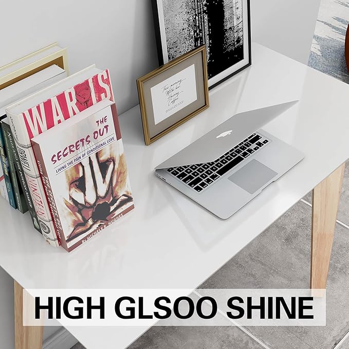 TaoHFE White Vanity Desk with Solid Rubber Wood Legs Glossy White 39 Inch Vanity Table Computer Desk for Home Small Spaces Girl Makeup Desk Modern Vanity Desk No Mirror Dressing Table for Bedroom