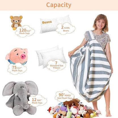 Aubliss Stuffed Animal Bean Bag Storage Chair, Beanbag Covers Only for Organizing Plush Toys, Turns into Bean Bag Seat for Kids When Filled, Large 38"-Canvas Stripes Grey/White
