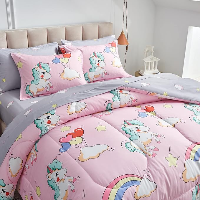 UOZZI BEDDING Kids Girls Bed in a Bag 6 Pieces Twin Size Unicorn Pink Colorful Comforter Set - (1 Soft Microfiber, Reversible Comforter, 2 Pillow Shams, 1 Flat Sheet, 1 Fitted Sheet, 1 Pillowcases)