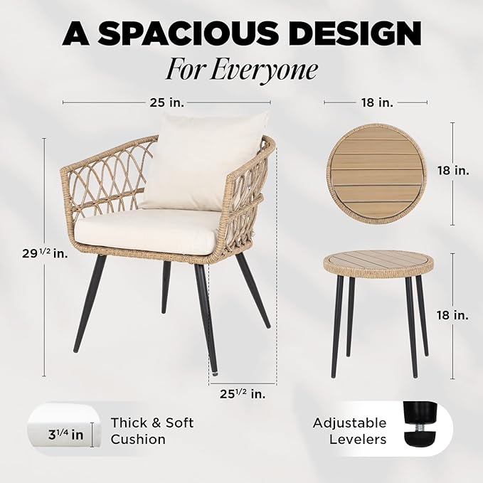 Heavy Duty 500lbs Weight Capacity Bistro Table and Chairs Set of 2 with Olefin Fabric Soft Cushions, Metal Wicker Armchairs Design