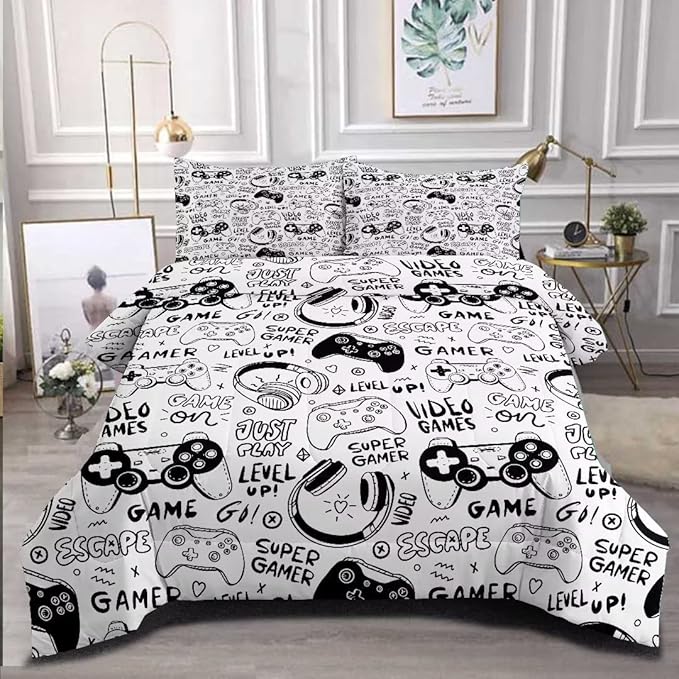 Gaming Comforter for Boys Teens,Game Bedding Sets Queen,Kids Gamer Comforter Set,Video Game Bedroom Decor,Gamepad Controller Duvet Insert All Season 3 Piece 1 Comforter and 2 Pillowcases