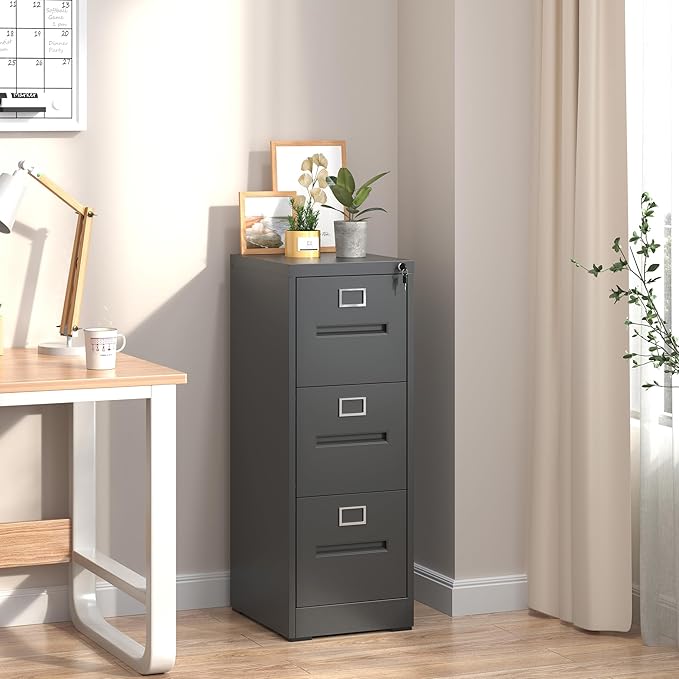 3 Drawer File Cabinet,Metal Filing Cabinets with Lock,Black Vertical File Cabinet for Home Office,Heavy Duty Metal Storage Cabinet for A4/Letter/Legal Size File,Assembly Required