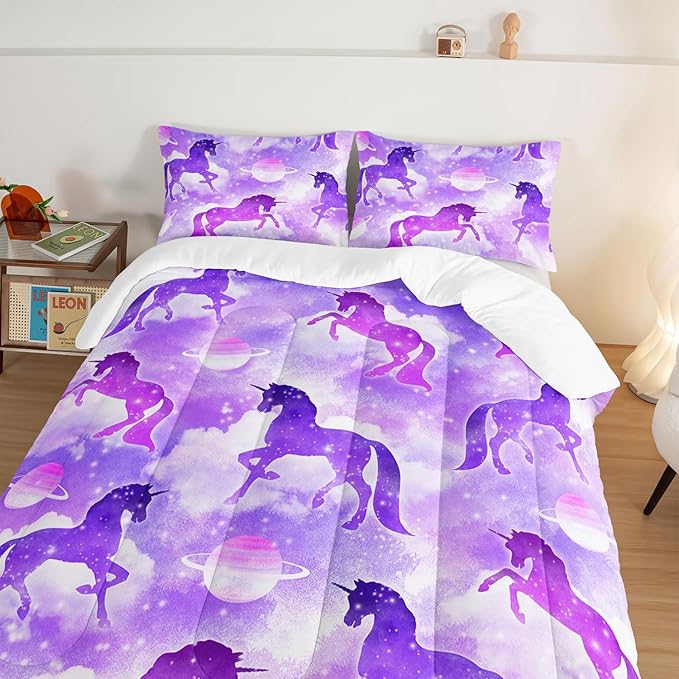 HOSIMA Purple Unicorn Bedding Sets for Girls Kids,3 Piece Soft Microfiber Galaxy Comforter Princess Crib Bedding Set Unicorn Bedroom Decor for Girls Room,Planet Cloud Queen Comforter Set.