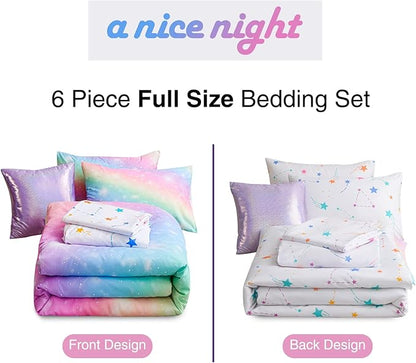 A Nice Night 6Pcs Gradient Glitter Bedding Set for Girls Full Size, Colorful Rainbow Galaxy Comforter Set, Ultra Soft Bedding Sets, Pink