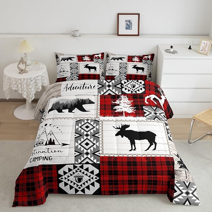Deer Antlers Bear Kids Comforter Set Full Size,Plaids Aztec Arrows Patchwork Bedding Set for Boys Girls Adults Room Decor,Rustic Adventure Xmas Down Comforter,Red Retro Duvet Insert,2 Pillowcases