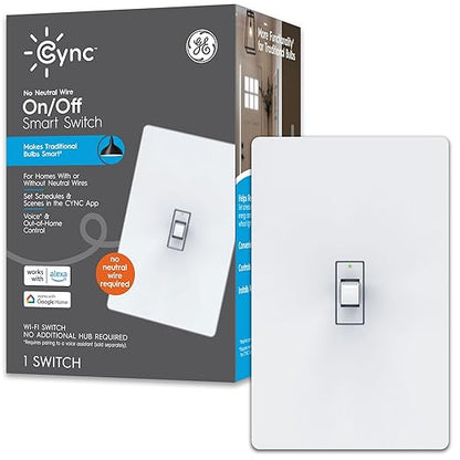 GE CYNC Smart Light Switch, Toggle Switch Style, No Neutral Wire Required, Bluetooth and 2.4 GHz WiFi 3-Wire Switch, Works with Amazon Alexa and Google Home, White (1 Pack)