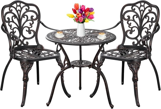 Outdoor Bistro Table and Chairs Set of 2 Cast Aluminum Patio Bistro Set with Umbrella Hole, All Weather Bistro Table Set for Garden, Bronze