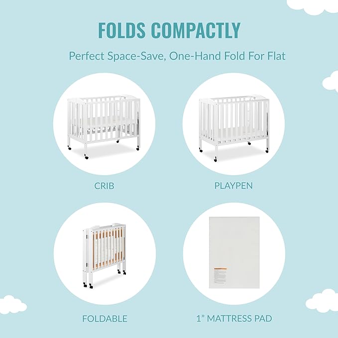 3 in 1 Portable Folding Stationary Side Crib in White, Greenguard Gold Certified, Safety Wheel with Locking Casters, Convertible, 3 Mattress Heights