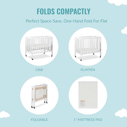 3 in 1 Portable Folding Stationary Side Crib in White, Greenguard Gold Certified, Safety Wheel with Locking Casters, Convertible, 3 Mattress Heights