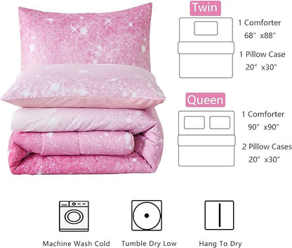 Pink Glitter Comforter Set Full/Queen Size for Girls, Sparkle Galaxy Twinkle Starlight Comforter for Kids Teen,2 Piece Pink Ombre Pastel Bedding Set with 2 Pillow Cases(Pink)