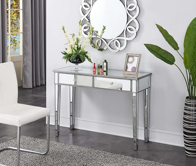Convenience Concepts Gold Coast Mirrored Desk 42" - Console Table with 2 Drawers for Storage in Living Room, Office, Antique Silver/Mirror