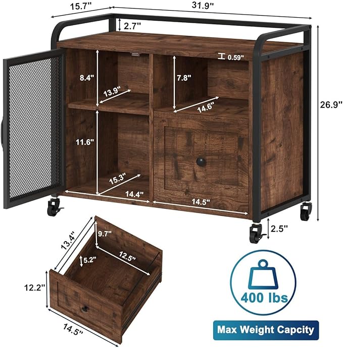 BON AUGURE Filing Cabinet for Home Office, Rolling Lateral File Cabinet with Storage, Wood Metal Printer Stand with Drawer (Rustic Oak)