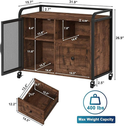 BON AUGURE Filing Cabinet for Home Office, Rolling Lateral File Cabinet with Storage, Wood Metal Printer Stand with Drawer (Rustic Oak)