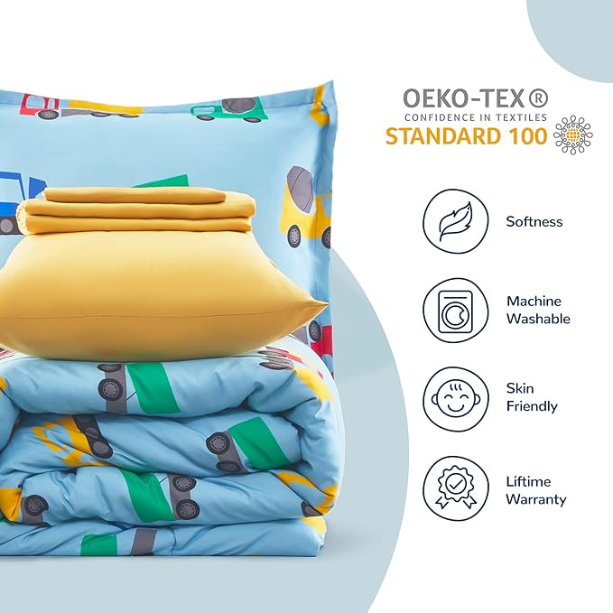 SLEEP ZONE Kids Twin Bedding Comforter Set - Super Cute & Soft Kids Bedding 5 Pieces Set with Comforter, Sheet, Pillowcase & Sham (Construction Truck)