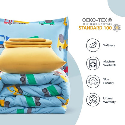 SLEEP ZONE Kids Bedding Comforter Set Full/Queen Size - Super Cute & Soft Kids Bedding 7 Pieces Set with Comforter, Sheet, Pillowcase & Sham (Construction Truck)