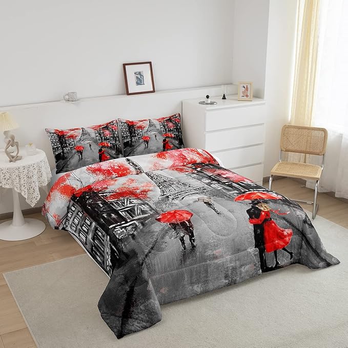 Red Paris Eiffel Tower Comforter Set Queen Size French Style Couple Lover Flower Bedding Sets For Girls Women Kids Quilted Duvet 1 Comforter + 2 Pillow Cases Romantic Bedroom Decor, Grey Black