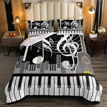 Erosebridal Paino Keys Bedding Set Full Size Musical Notes Comforter Set Guitar Rock Music Bedding Comforter for Kids Boys Teens Men Retro Black White Grey Down Comforter Bedroom Decor 3 Piece