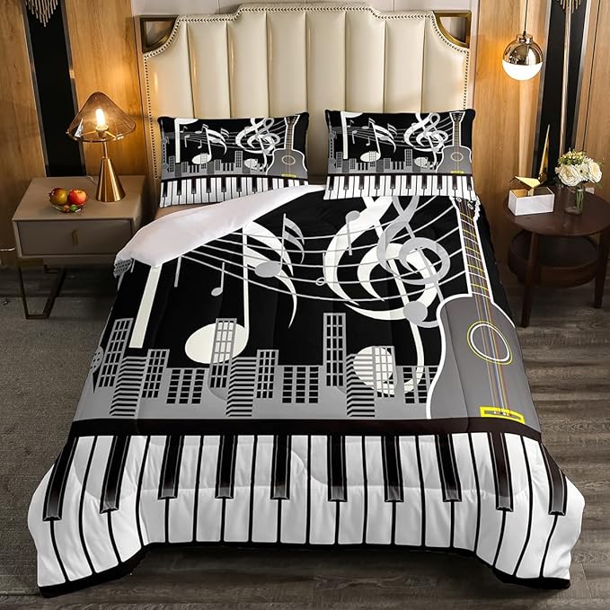 Erosebridal Paino Keys Bedding Set Twin Size Musical Notes Comforter Set Guitar Rock Music Bedding Comforter for Kids Boys Teens Men Retro Black White Grey Down Comforter Bedroom Decor 2 Piece