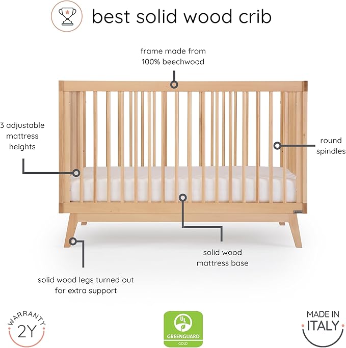 dadada Baby Soho 3-in-1 Convertible Crib to Toddler Bed – Wooden Crib Made in Italy, GREENGUARD Gold Certified Small Baby Crib – Baby-Safe Finish, Modern Design (Natural)