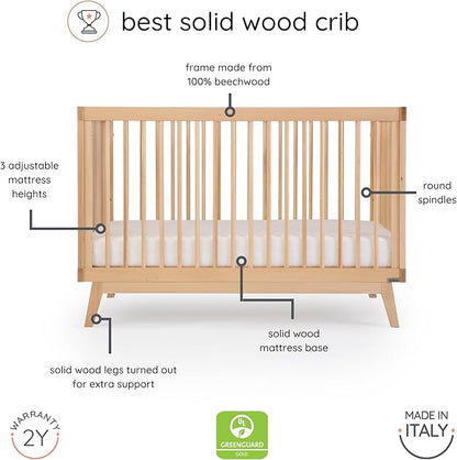 dadada Baby Soho 3-in-1 Convertible Crib to Toddler Bed – Wooden Crib Made in Italy, GREENGUARD Gold Certified Small Baby Crib – Baby-Safe Finish, Modern Design (Natural)