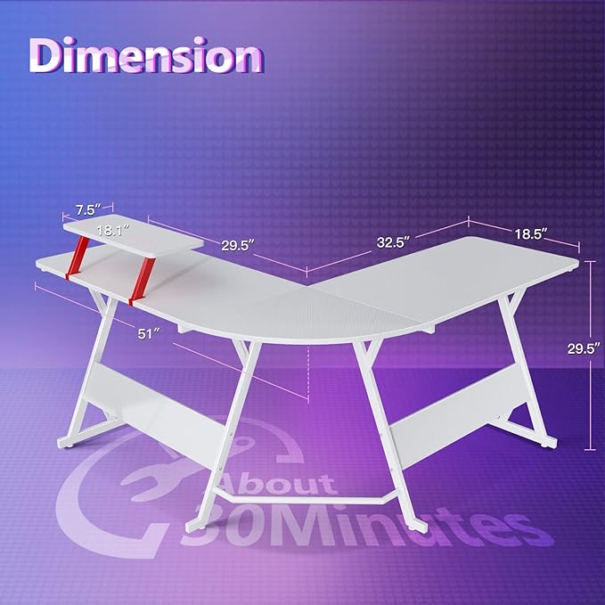 MOTPK White Gaming Desk L Shaped, Gamer Desk Gaming Table with Carbon Fiber Surface, Corner Computer Desk L Shape with Cup Holder & Headphone Hook, 51 Inch