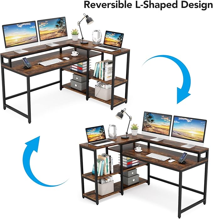 Reversible L Shaped Computer Desk with Storage Shelf, Industrial Corner Desk with Monitor Stand for Home Office