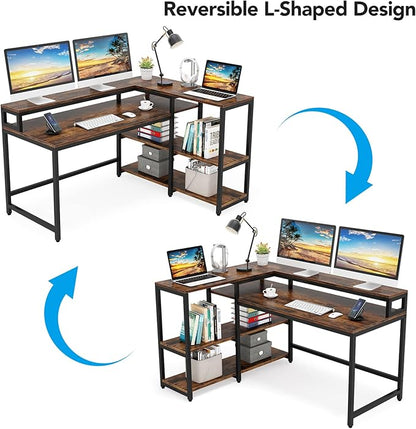 Reversible L Shaped Computer Desk with Storage Shelf, Industrial Corner Desk with Monitor Stand for Home Office