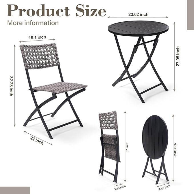BACKYARD EXPRESSIONS PATIO · HOME · GARDEN 3 Pc 3 Piece Folding Outdoor Bistro, Wicker Furniture Table and Chairs for Garden, Backyard, Porch, Patio Conversation Set, Grey/Black