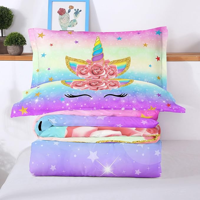 Unicorn Bedding Twin for Girls, Colorful Rainbow Comforter Set with Pink Unicorn Bedding Comforter, Cute Bed Set for Kids Teens, Ultra Soft and Fluffy