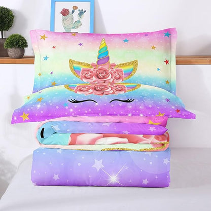 Unicorn Bedding Twin for Girls, Colorful Rainbow Comforter Set with Pink Unicorn Bedding Comforter, Cute Bed Set for Kids Teens, Ultra Soft and Fluffy
