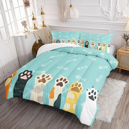 Datura home Cat Paws Comforter Bedding Set for Kids Teens,Cartoon Cat Paws and Fish Bones Pattern Lightweight Cyan Comforter with 2 Pillowcases,3pcs(Cat Paws Full)