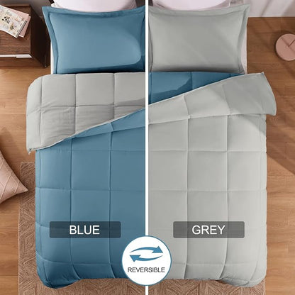 Basic Beyond Queen Comforter Set - Fluffy Comforter Queen Set for All Seasons - Reversible Blue Comforter Set Queen for Mens - 3 Pieces (1 Comforter + 2 Pillow Shams) - Blue/Grey