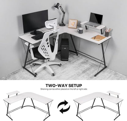 MoNiBloom L Shaped Computer Desk Corner Table with Metal Frame, L Desk Workstation for Home Office, Space-Saving, White