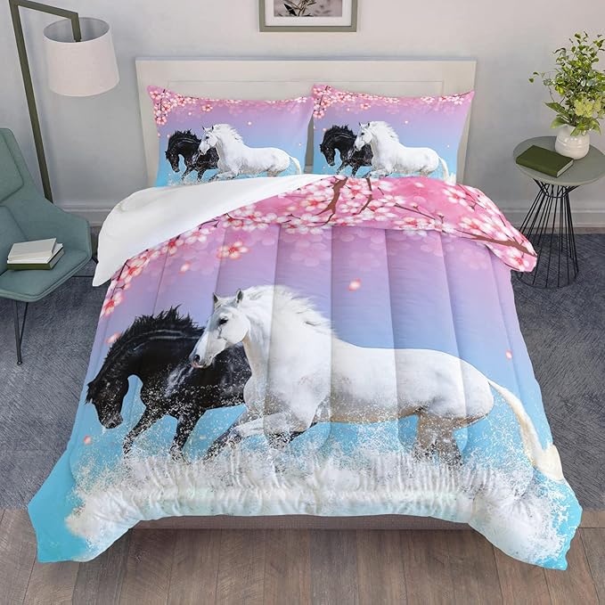 Kid Horse Comforter Set Room Floral Animal Theme Handsome Horse Chic Cherry Blossom Bedding Set 3D Wild Animal Decor Quilt Set for Girls Adult, 1 Comforter + 2 Pillowcases