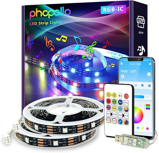phopollo RGB Smart LED Strip Lights, 32.8ft (2 Rolls of 16.4ft) LED Lights for Bedroom, APP Control, Multiple Colors on One Line, Color Changing Strip Lighting Music Sync, USB Powered