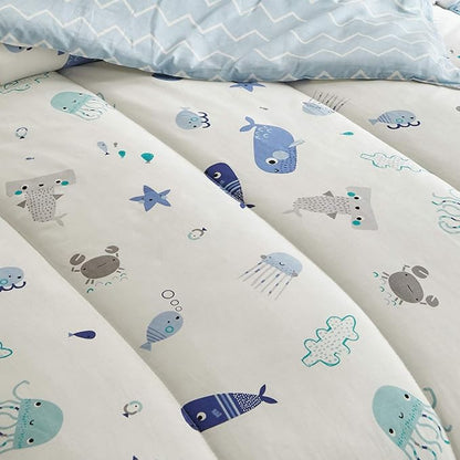 Joyreap 3pcs Premium Cotton Comforter Set for Kids Boys n Girls, Vibrant Ocean Theme Starfish Whale Crab Printed, Skin-friendly Breathable Bedding Comforter for All Season (Twin, 68x88 inches)