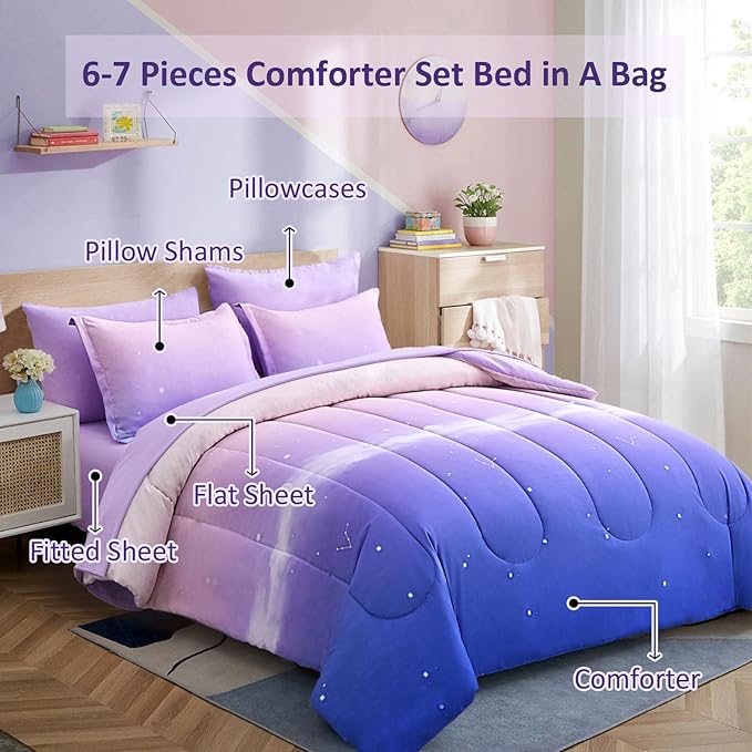 Dinjoy Girls Comforter Set King Size Rainbow Ombre Purple Lavender Pink Bedding Set Gradient 6 Pieces Bed in A Bag for Kids Teen Girl Women(1 Comforter, 1 Flat Sheet, 1 Fitted Sheet)