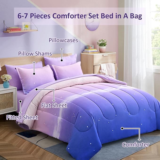 Dinjoy Girls Comforter Set Queen Size Colorful Rainbow Ombre Purple Lavender Pink Bedding Set Gradient 7 Pieces Bed in A Bag for Kids Teen Girl Women(1 Comforter, 1 Flat Sheet, 1 Fitted Sheet)
