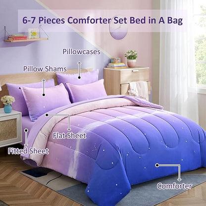 Dinjoy Girls Comforter Set Twin XL Size Rainbow Ombre Purple Lavender Pink Bedding Set Gradient 6 Pieces Bed in A Bag for Kids Teen Girl Women(1 Comforter, 1 Flat Sheet, 1 Fitted Sheet)