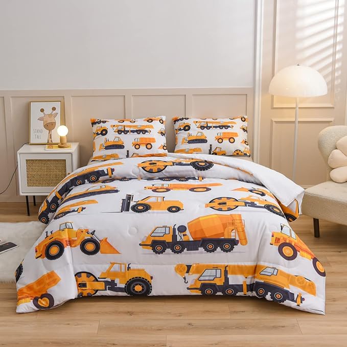NTBED Construction Truck Comforter Set for Boys Kids Vehicles Excavator Cars Lightweight Microfiber Bedding Sets (White,Full)
