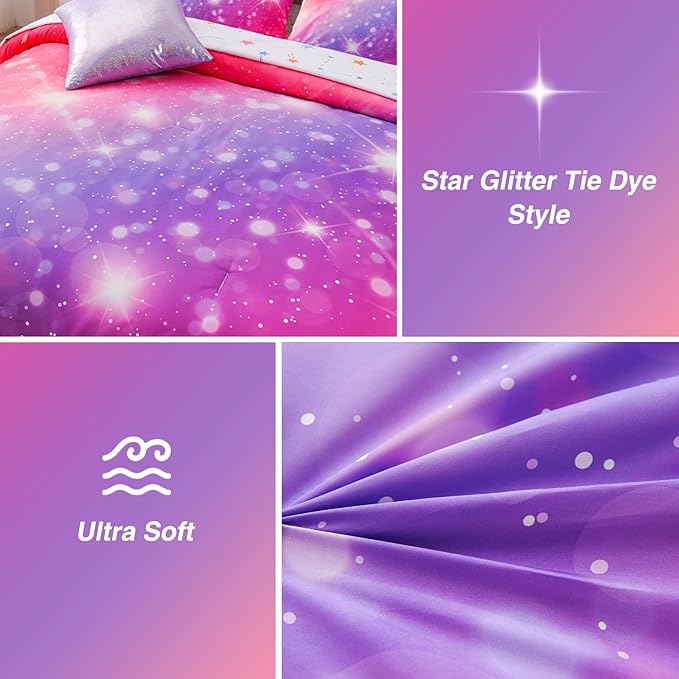 A Nice Night 6Pcs Gradient Glitter Bedding Set for Girls, Colorful Rainbow Galaxy Comforter Set, Ultra Soft Bedding Sets (Pink-Purple,Twin 6Pcs)