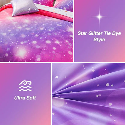 A Nice Night 6Pcs Gradient Glitter Bedding Set for Girls, Colorful Rainbow Galaxy Comforter Set, Ultra Soft Bedding Sets (Pink-Purple,Twin 6Pcs)