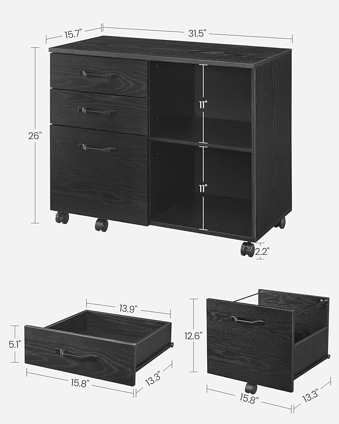VASAGLE Lateral File Cabinet, Home Office Printer Stand, with 3 Drawers and Open Storage Shelves, for A4, Letter-Size Documents, Black with Wood Grain
