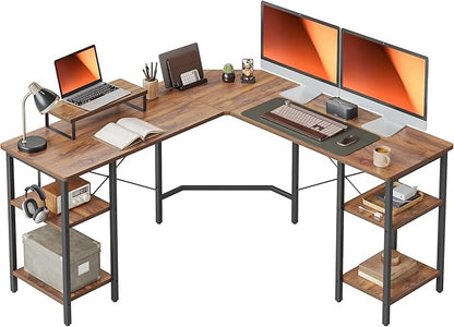 BANTI L Shaped Desk with Shleves, 58 inch Large Corner Desk with Two Storage, Space Saving, Easy to Assemble, Brown