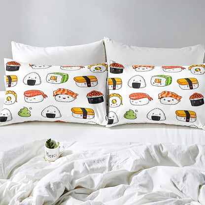 Sushi Pattern Comforter Set Japanese-Style Bedding Set for Kids Boys Girls Teens Food Theme Comforter Cute Cartoon Japanese Sushi Duvet Set Room Decor Quilt Set King Size Microfiber