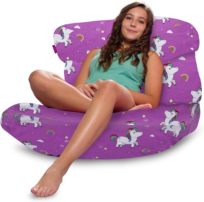 Posh Creations Structured Comfy Bean Bag Chair for Gaming, Reading, and Watching TV, Laguna Lounger, Canvas - Unicorn and Rainbows on Purple, Canvas Rainbow Unicorns