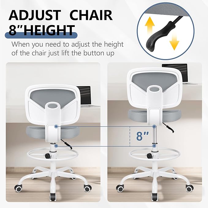 Primy Office Drafting Chair Armless, Tall Office Desk Chair Adjustable Height and Footring, Mid-back Ergonomic Standing Desk Chair Mesh Rolling Tall Chair for Art Room, Office or Home(Gray)