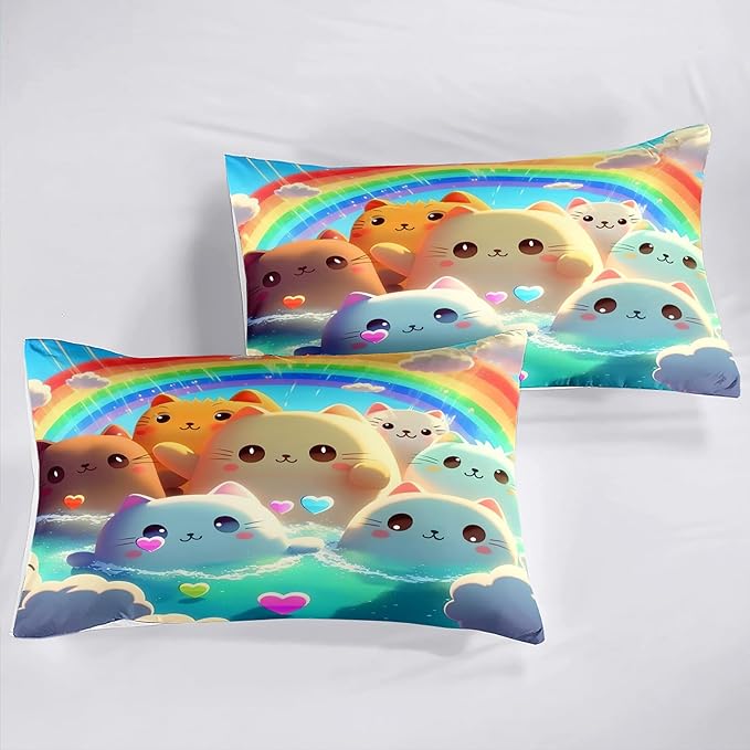 Queen Cat Comforter Set, Girls Kawaii Cat Bedding Sets, 1 Comforter+2 Pillowcases, Microfiber, Printed, Modern Style, 3 Pieces