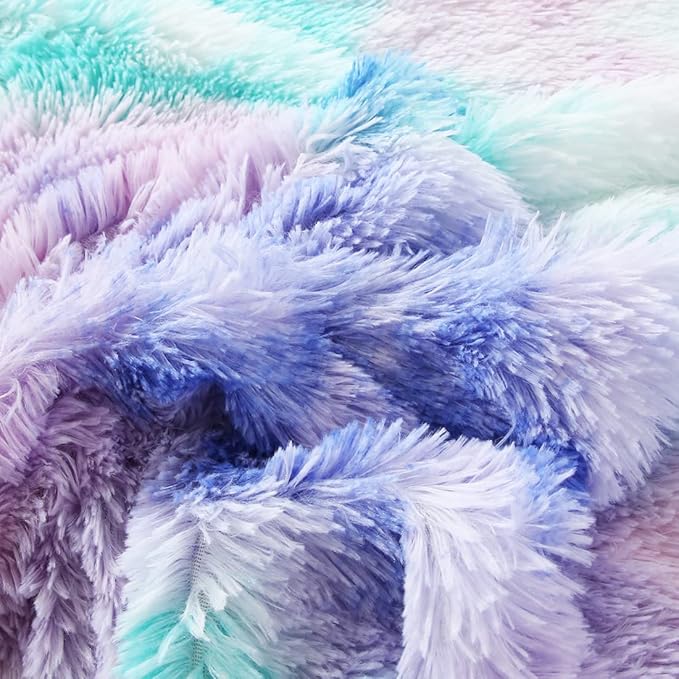 WINLIFE Shaggy Bedding Comforter Set Faux Fur Flannel Furry Comforter Microfiber Plush Comforter Sets Pastel Gradient Ombre Tie Dye MultiColor Bedding for Girls Adults (3Pcs, Full, Teal Purple)