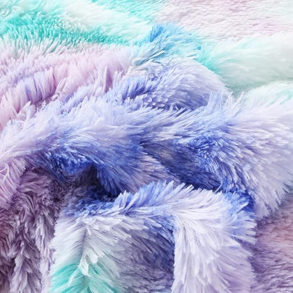 WINLIFE Shaggy Bedding Comforter Set Faux Fur Flannel Furry Comforter Microfiber Plush Comforter Sets Pastel Gradient Ombre Tie Dye MultiColor Bedding for Girls Adults (3Pcs, Full, Teal Purple)